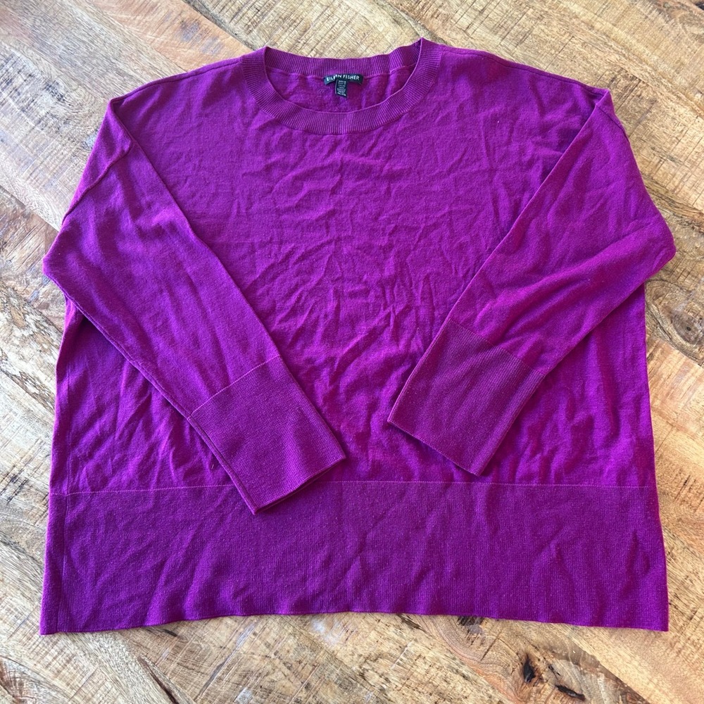 Eileen Fisher Magenta Superfine Merino Wool Boxy Knit Sweater XL Purple